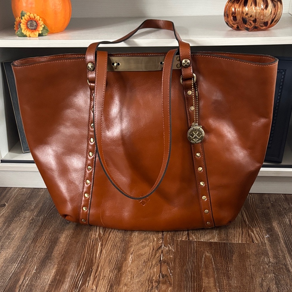 Patricia Nash Cognac Leather Tote with Gold Studs